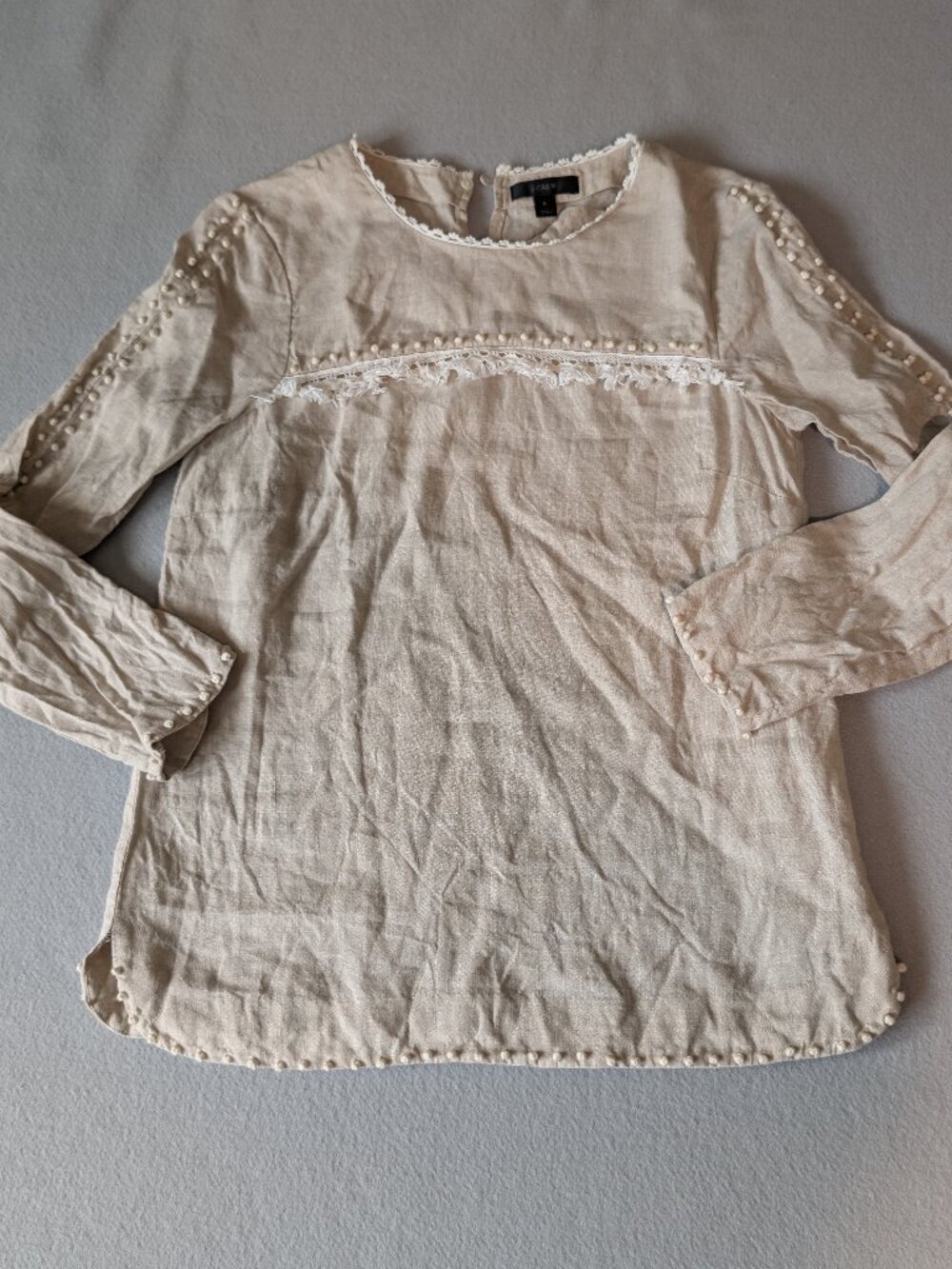 J.Crew 100% Linen Pom Pom Fringe Blouse Top Size 0 Beige Shell Button Boho Luxe - Picture 2 of 10